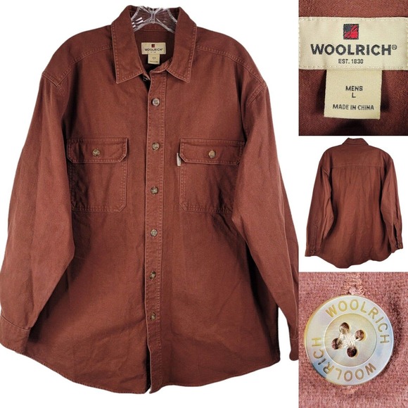 Woolrich Button Down Shirt Red Solid Cotton Long Sleeve Mens Large L Flannel - Picture 1 of 9